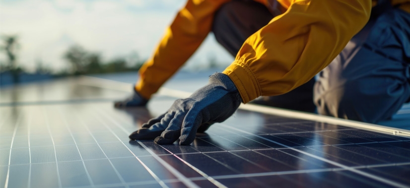 Homem trabalhando com painéis solares representando o exaustor solar