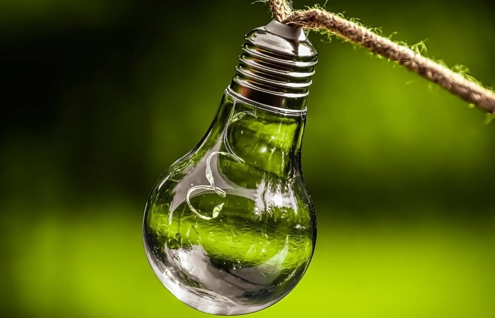 lâmpada sendo erguida em um pequeno pedaço de corda e um fundo desfocado da natureza