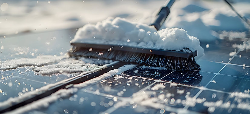 painel solar e neve sendo escovado