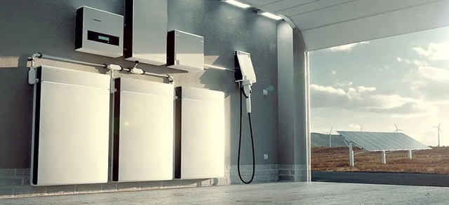 várias unidades de armazenamento de energia montadas na parede, sendo boa parte delas baterias solares