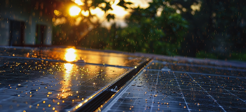 painel solar e chuva ao amanhecer