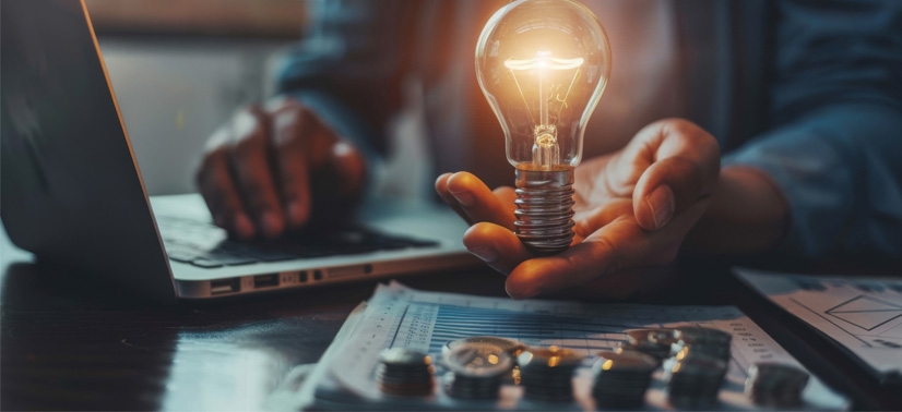 Homem sentado próximo a moedas e segurando uma lâmpada presentando o consumo TUSD