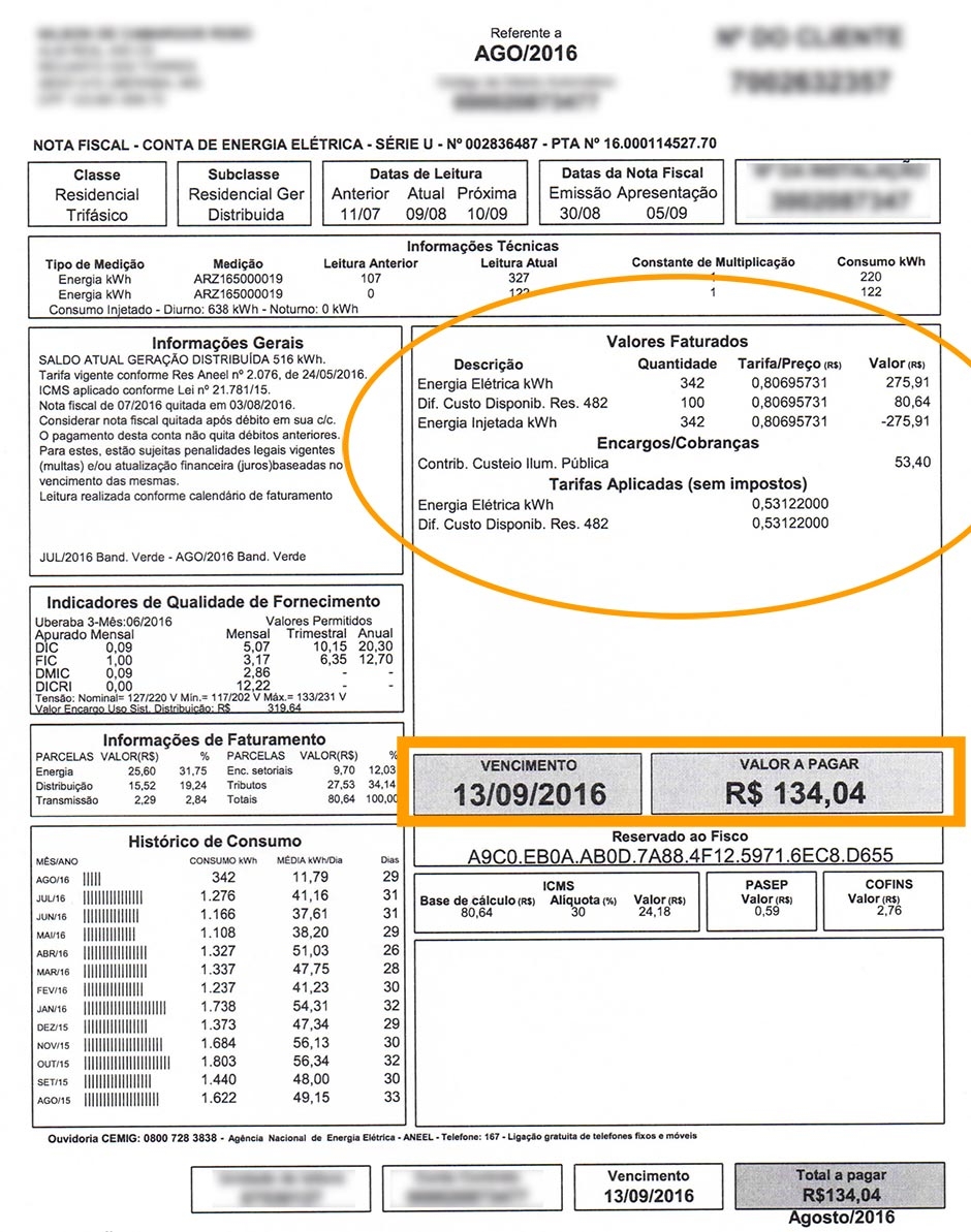 conta de luz depois da energia solar com valor total de 134 reais