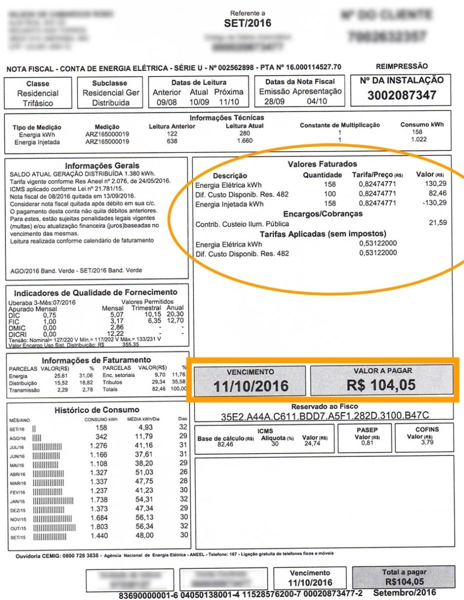 nota fiscal de conta de energia elétrica após a implementação do sistema de energia solar fotovoltaico