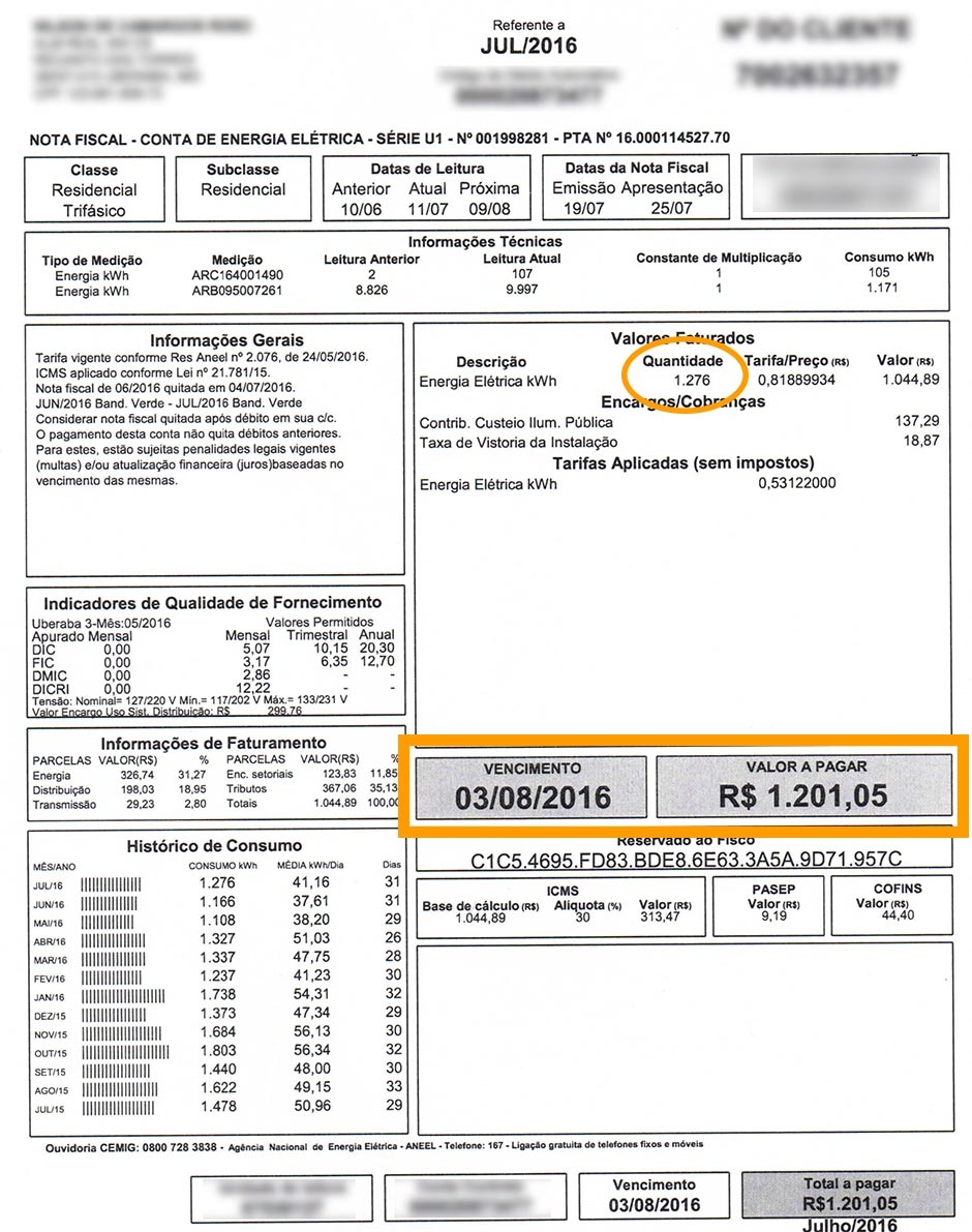 conta de luz antes da energia solar com valor total de 1201 reais